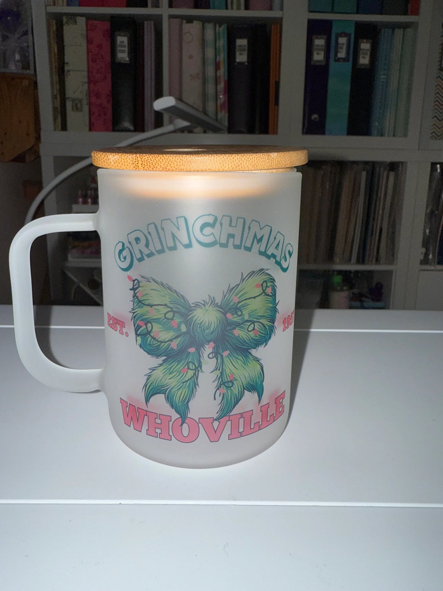 17 oz Grinchmas Bow Frosted Glass Mug - The Redheaded StoryKeeper