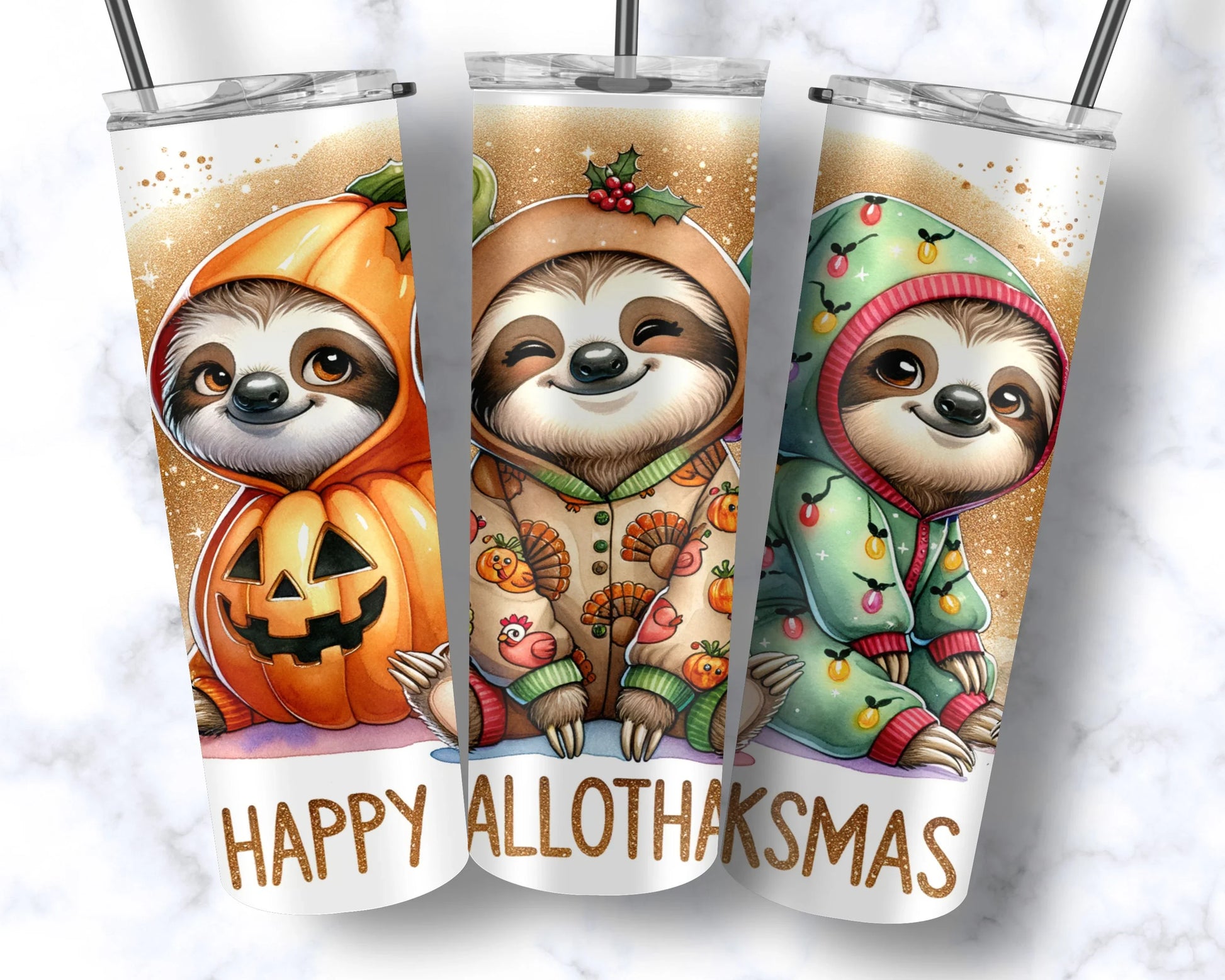 20 oz Happy Hallothanksmas Sloth Tumbler - The Redheaded StoryKeeper